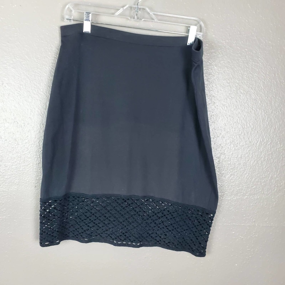 Indigenous Black Organic Cotton Crochet Hem Midi Straight Skirt L